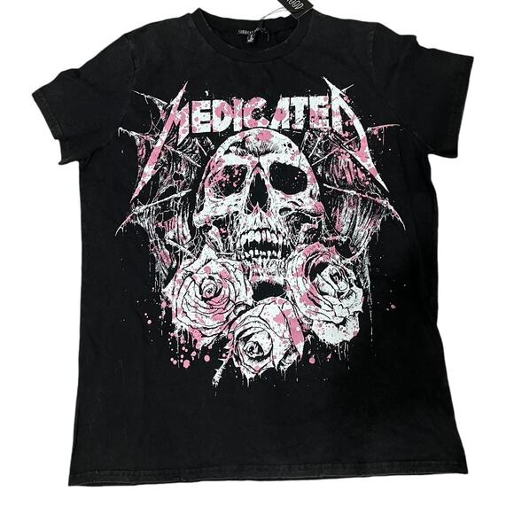 NWT Dolls Kill Current Mood Distressed Emo Black Floral Skull Graphic Tee S - Picture 1 of 3